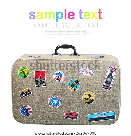 retro suitcase with stickers isolated on white background. Text for example, and can be easily removed