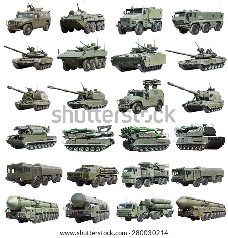modern Russian armored military vehicles isolated on a white background. Set photos