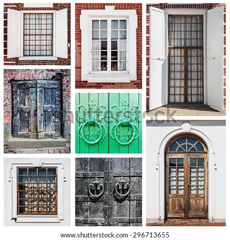 old wooden doors and windows isolated in the set