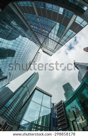 landscape of silhouettes of skyscrapers in the city. toning image. Focus on the tops of skyscrapers.