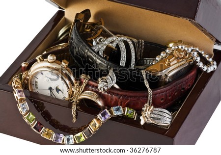 box with a variety of jewelry and watches