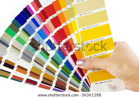 hand holds the color samples isolated on white