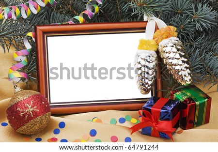 Christmas Card with gift boxes and Christmas ornaments
