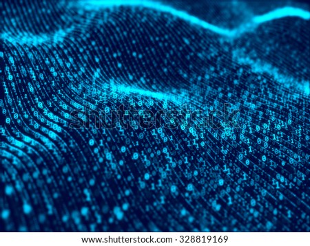 Waves of digital information concept - binair code background