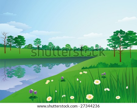 Summer morning landscape with a green grass, trees, flowers and river