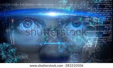 Futuristic monitor on face with code and information hologram.  Eye hud animation. Future concept.