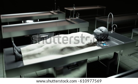 The dead alien in the morgue on the table. Futuristic autopsy concept. 3d rendering.