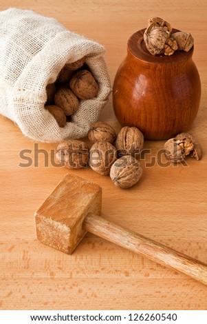 Group of walnuts with a broken appliance breaking shells