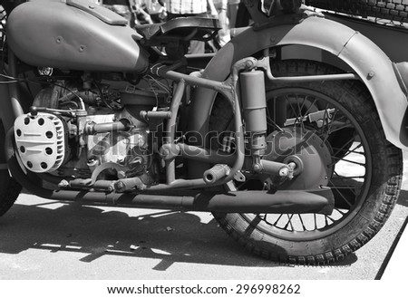 Details of vintage classic motorcycle in black and white