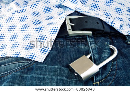 Steel Padlock locked submitting jeans under Men\'s shirt