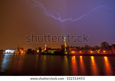 Thunderstorm with lightning  over the Wroclaw old city in Poland