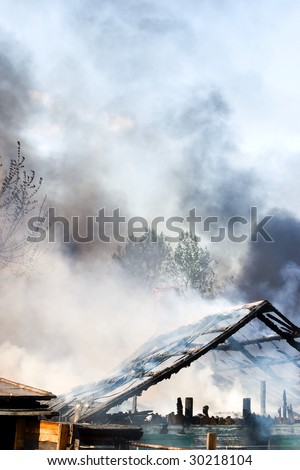 The burning house in a smoke