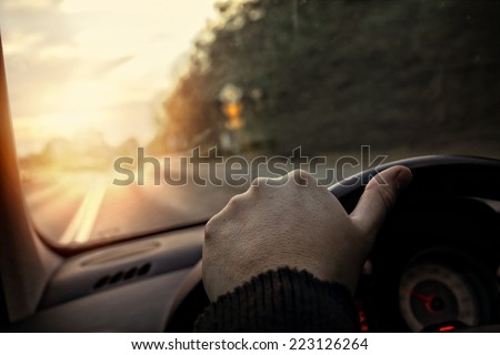 hand on the steering wheel - the driver drives into the sunset
