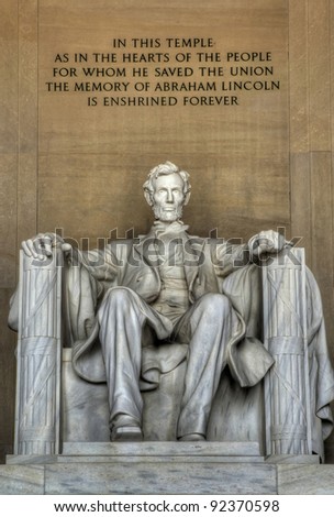 The statue of Abraham Lincoln inside Lincoln Memorial.