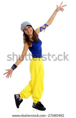 Full body view of young woman in street wear making a break dance move. Isolated on white.