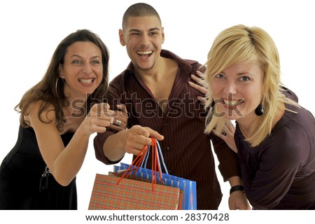 Half body view of three friends, two women and a man, going shopping with lots of shopping bags. They\'re all staring at something very interesting. Isolated on white background.