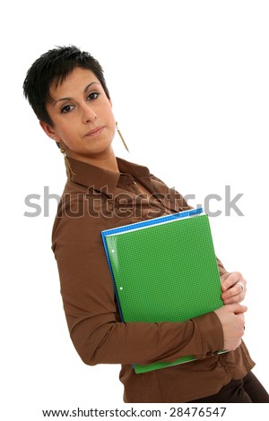 Half body view of college student in casual wear, holding exercise books. Isolated on white background.