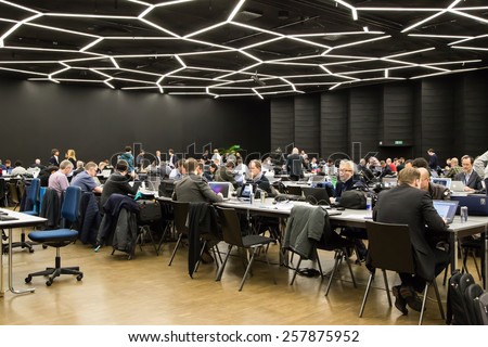 GENEVA, MAR 3: Media center, at the 85th International Motor Show in Geneva, Switzerland on March 3, 2015.