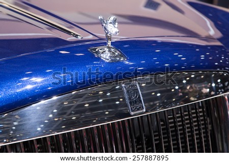 GENEVA, MAR 3: Rolls-Royce car logo, presented at the 85th International Motor Show in Geneva, Switzerland on March 3, 2015.