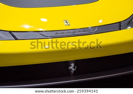 GENEVA, MAR 3: Ferrari car logo, presented at the 85th International Motor Show in Geneva, Switzerland on March 3, 2015.
