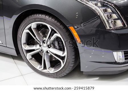 GENEVA, MAR 3: 2016 Cadillac ELR car wheel details, presented at the 85th International Motor Show in Geneva, Switzerland on March 3, 2015.