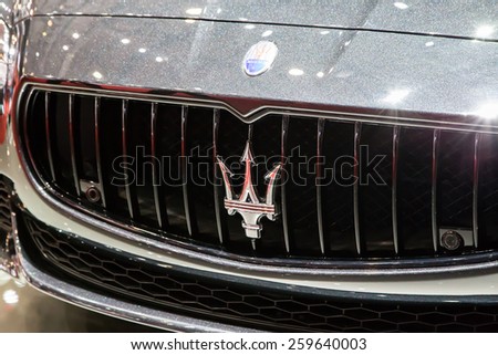 GENEVA, MAR 3: Maserati car logo, presented at the 85th International Motor Show in Geneva, Switzerland on March 3, 2015.