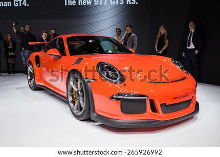 GENEVA MAR 3 Porsche 911 GT3 RS car presented at the 85th International Motor Show in Geneva Switzerland on March 3 2015 GENEVA MAR 3 Porsche 911 GT3 RS car presented at the 85th International Motor Show in Geneva Switzerland on March 3 2015