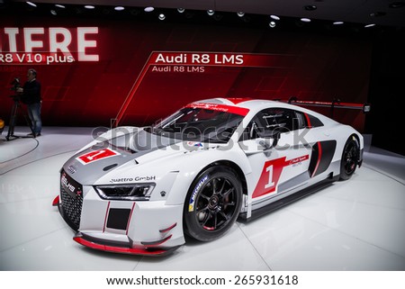 GENEVA, MAR 3: Audi R8 LMS car, presented at the 85th International Motor Show in Geneva, Switzerland on March 3, 2015.