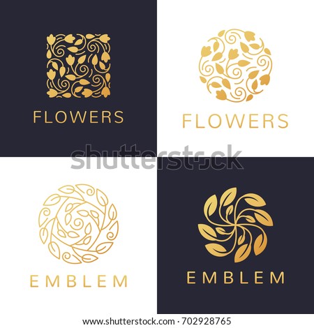 Floral logo set. Flower icon. Floral emblem. Cosmetics, Spa, Beauty salon, Decoration, Boutique logo. Luxury, Business, Royal Jewelry, Hotel Logo. Interior Icon. Resort and Restaurant Logo.