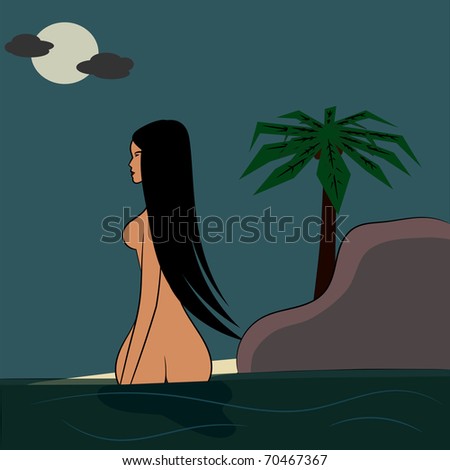 Illustration of a naked woman taking a bath in the sea under the moon
