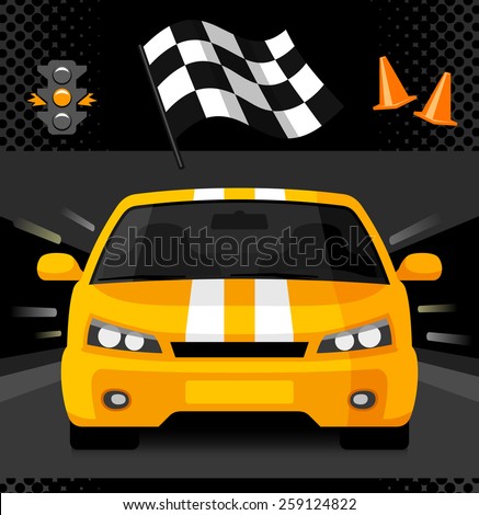 Yellow street racing car with sport checkered flag, traffic light and road cones. Vector illustration