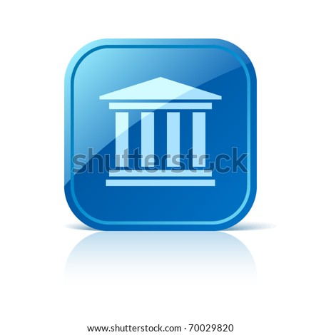 University icon on blue glossy square web button. Vector building symbol. Classical greece roman architecture. College, school, institute, court, government house, bank, museum, library, theater sign