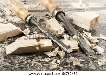 Vintage woodworking tools on dirty workbench - stock photo
