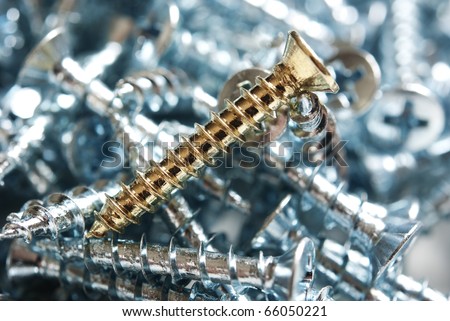 Metal wood screws, one golden.