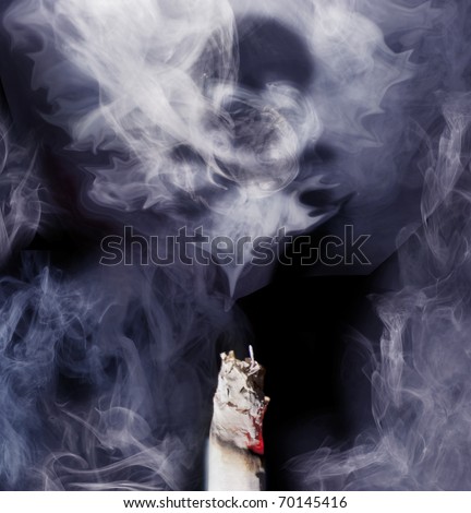 Top of cigarette with smoke coming out, danger sign is forming into the smoke. Blue toned studio shot. Square frame.