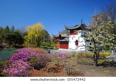 Montreal's chinese garden of the botanical garden in spring time, Quebec, Canada