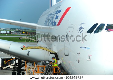 MONTREAL - CANADA MAY 25: Air France A380 a the Montreal\'s airport in preparation for takeoff on May 25 2012, Montreal, Canada. A380 is the world\'s largest passenger airliner