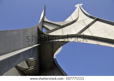 MONTREAL,CANADA - JUL 15: The Alexander Calder sculpture L\'Homme French for Man is a large-scale outdoor sculpture on  JUL 15 2012 in Parc Jean-Drapeau, located in Montreal. Made for 1967 World Fair