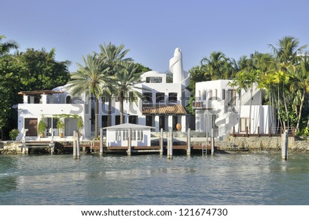 MIAMI FLORIDA-OCTOBER 30:House in Star Island is a neighborhood of South Beach in the city of Miami Beach on a man-made island in Biscayne Bay, Florida, United States. On October 30 2012 in Miami, USA