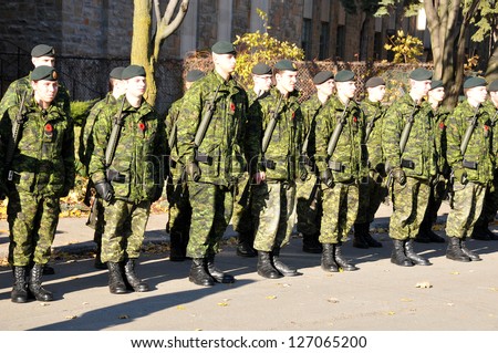 MONTREAL CANADA-NOVEMBER 6 :Canadians soldiers in uniform for the remembrance Day on November 6, 2011, Montreal, Canada.The day was dedicated by King George V on 7-11-19 as a day of remembrance.
