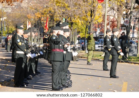 MONTREAL CANADA NOVEMBER 6 :Canadians soldiers in uniform for the remembrance Day on November 6, 2011, Montreal, Canada.The day was dedicated by King George V on 7-11-19 as a day of remembrance.