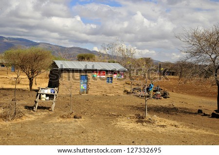 NEAR ARUSHA,TANZANIA-OCT 20: Little shack for food and product service in the middle of the savanna in Masai territory on Oct 20, near Arusha, Tanzania.