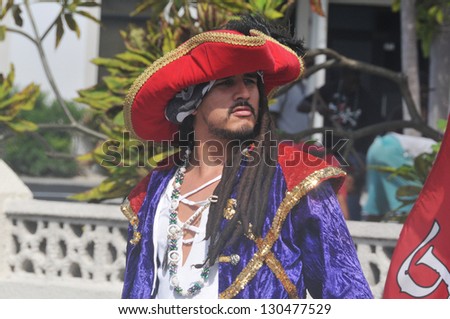 GEORGETOWN-CAYMAN ISLAND-NOVEMBER 10: Unidentified man dress as pirate participate a the Pirates Week 2012 from 8 to 18 November on november 10 2012 in Georgetown Cayman Island.