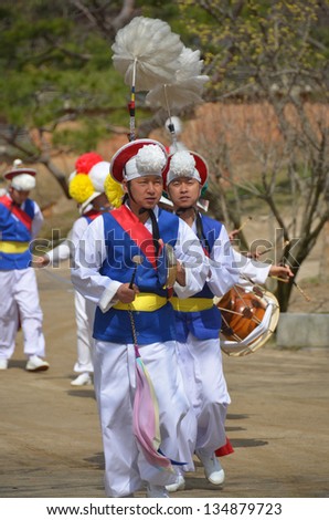 SEOUL KOREA APRIL 7: Sangmo dancers during Korean folk dance show on april 7 2013 in Seoul Korea. Sangmo dance is one of the favorite dances of the Korean people.