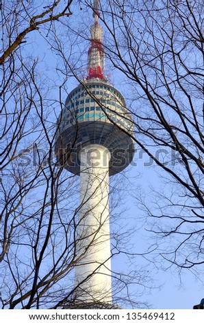 SEOUL, SOUTH KOREA - APRIL 04: N Seoul Tower with blue sky on April 04,2013 in Seoul, Korea. Located on Namsan Mountain in central Seoul. It marks the highest point in Seoul.