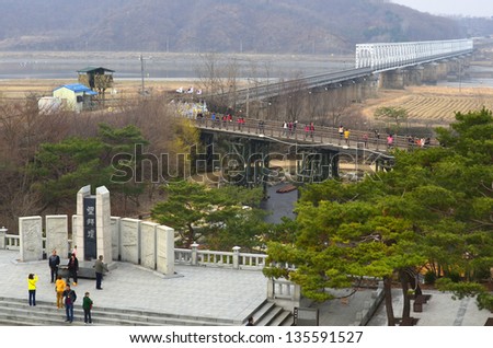 PAJU SOUTH KOREA APRIL 5: The Freedom bridge does actually cross the Imjin river, it is a former railroad bridge which was used by POWs/soldiers returning from the north.on april 5 2013 in South Korea