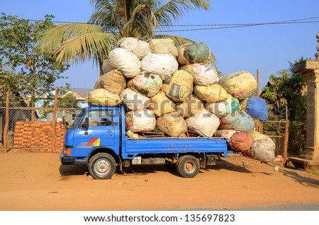 PHNOM PHEN CAMBODIA MARCH 25; Truck loaded of bales of coton on march 25 2013 in Phnom Phen Cambodia.  Cambodia which provides very good conditions for cotton cultivation