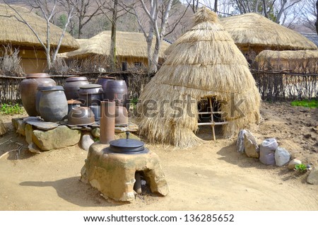 Traditional Kimchi Jar Storage Hut, Korean Folk Village in the city of Yongin, a satellite city in the Seoul Metropolitan Area