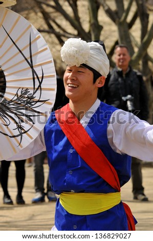 SEOUL KOREA APRIL 7: Sangmo dancers during Korean folk dance show on april 7 2013 in Seoul Korea. Sangmo dance is one of the favorite dances of the Korean people.