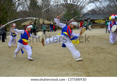 Seoul Korea April 7: Sangmo Dancers During Korean Folk Dance Show On April 7 2013 In Seoul Korea. Sangmo Dance Is One Of The Favorite Dances Of The Korean People.